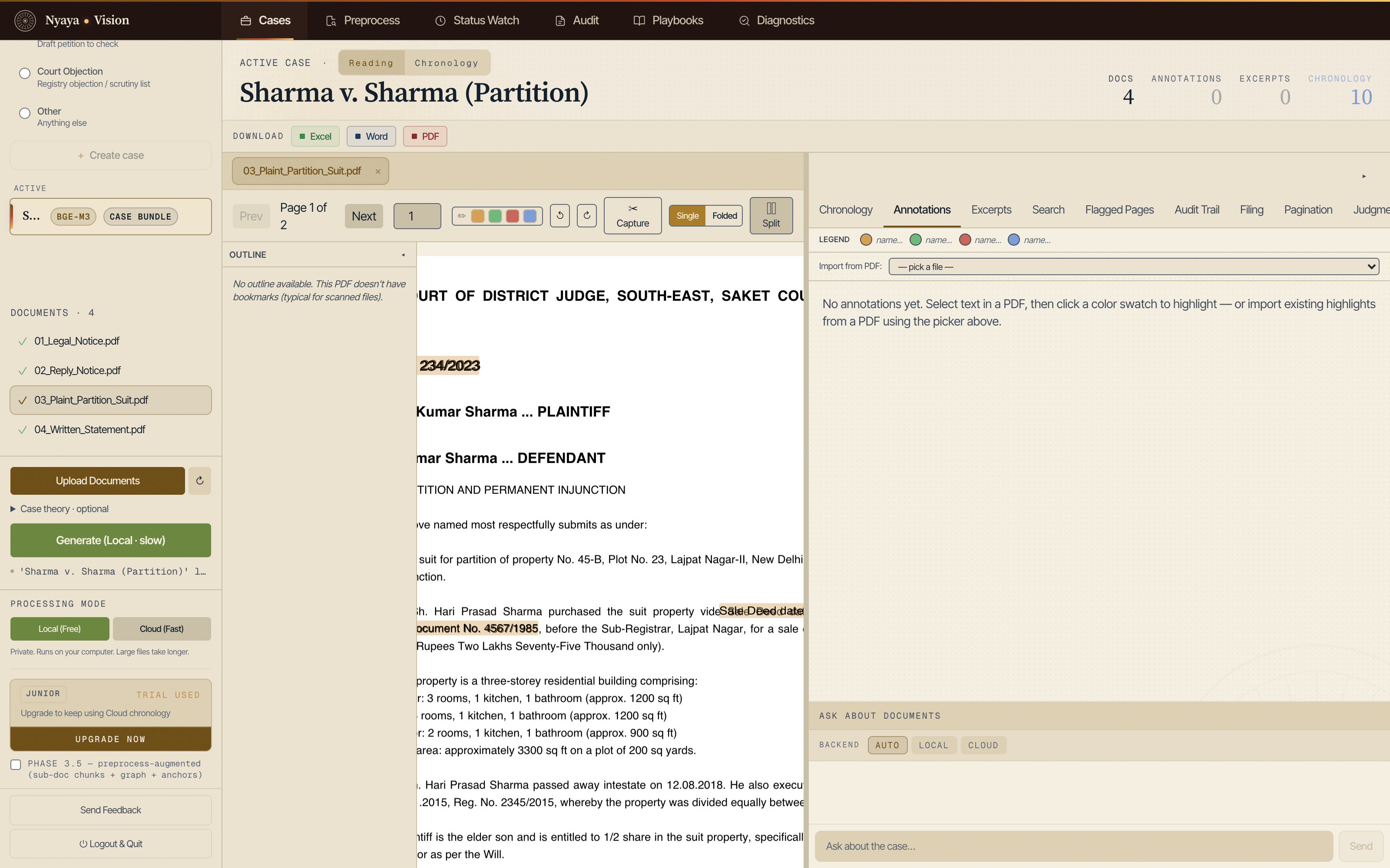The Annotations tab with the four-colour legend and the control for importing highlights from a PDF.