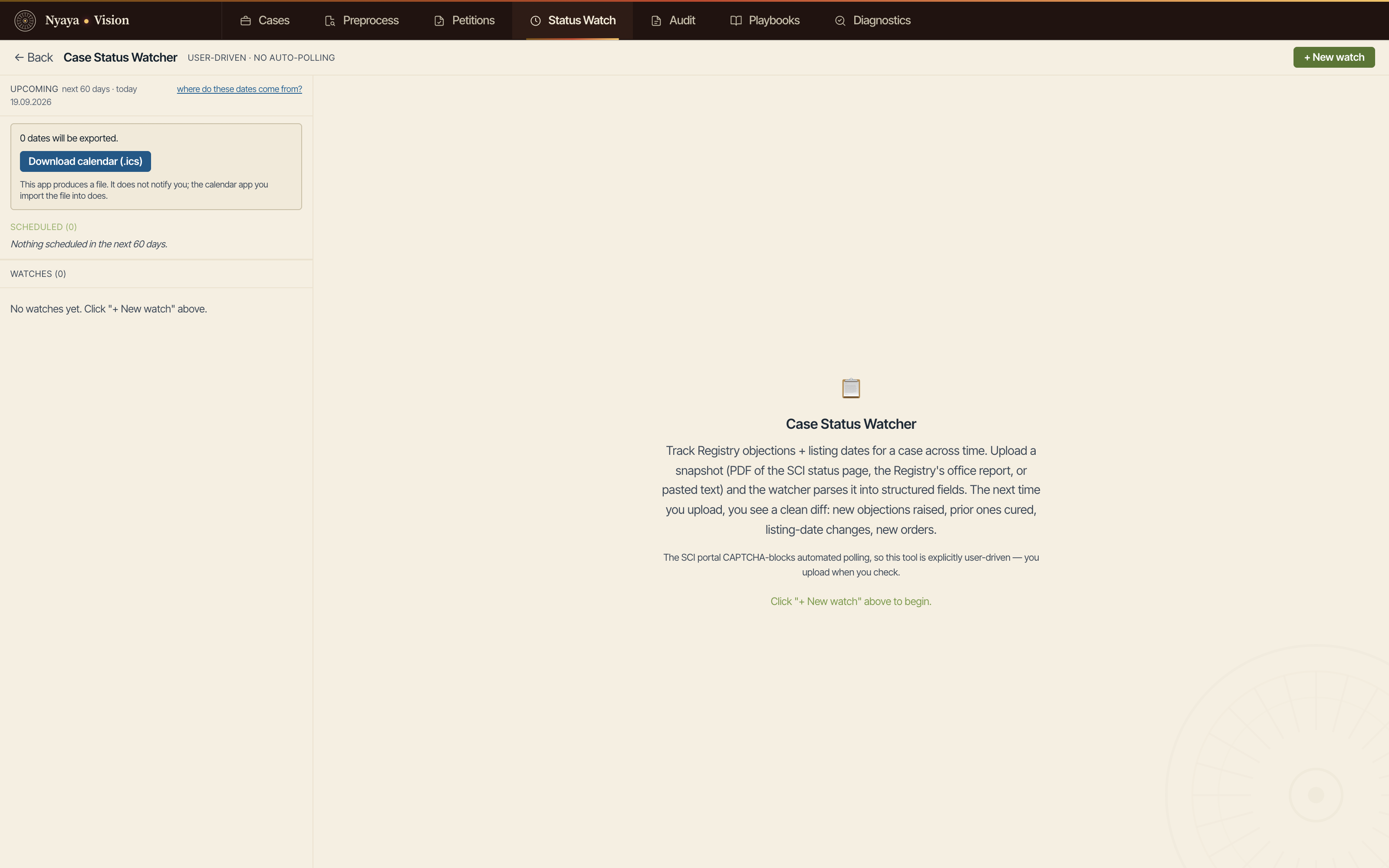 The Case Status Watcher page: upcoming dates, the calendar export, and the note that it is user-driven with no automatic polling.