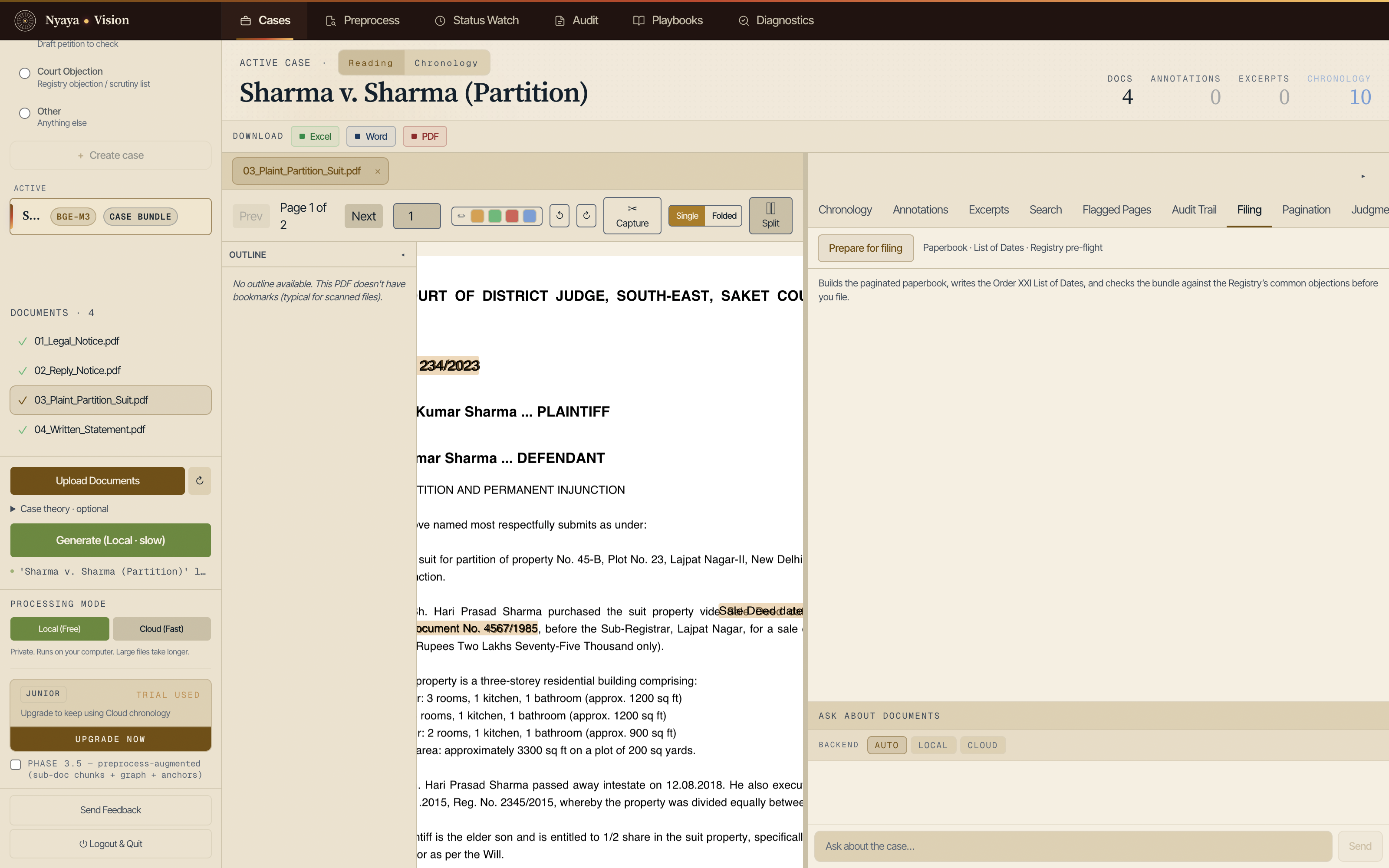 The Filing tab: prepare for filing builds the paginated paperbook, writes the Order XXI list of dates and checks the bundle against the Registry's common objections.