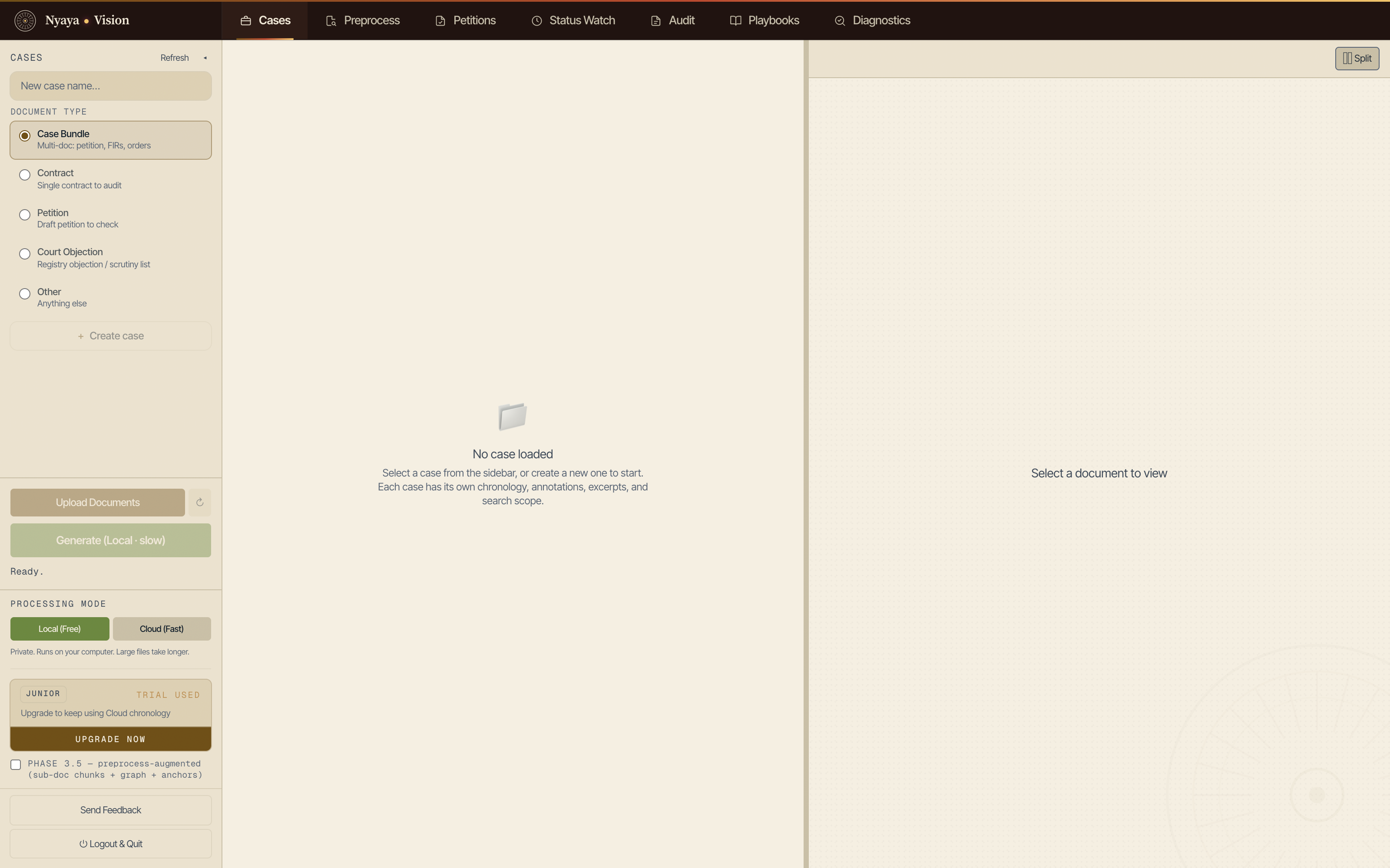 The Nyaya-Vision home screen: the case list on the left and the document type choices, case bundle, contract, petition, court objection.