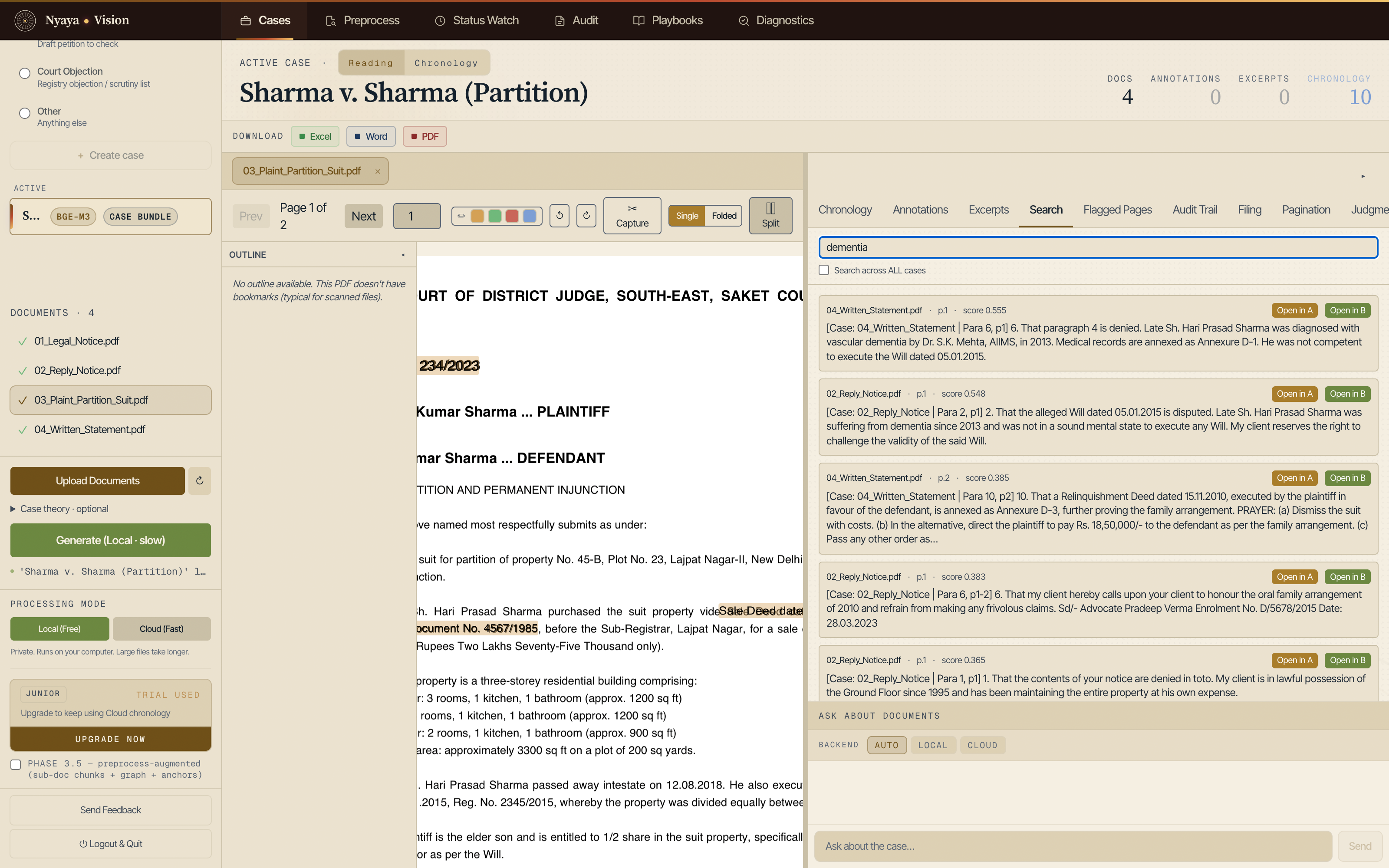 Cross-document search for the word dementia, listing the written statement, the reply notice, the legal notice and the plaint, each with the page and the matching passage.