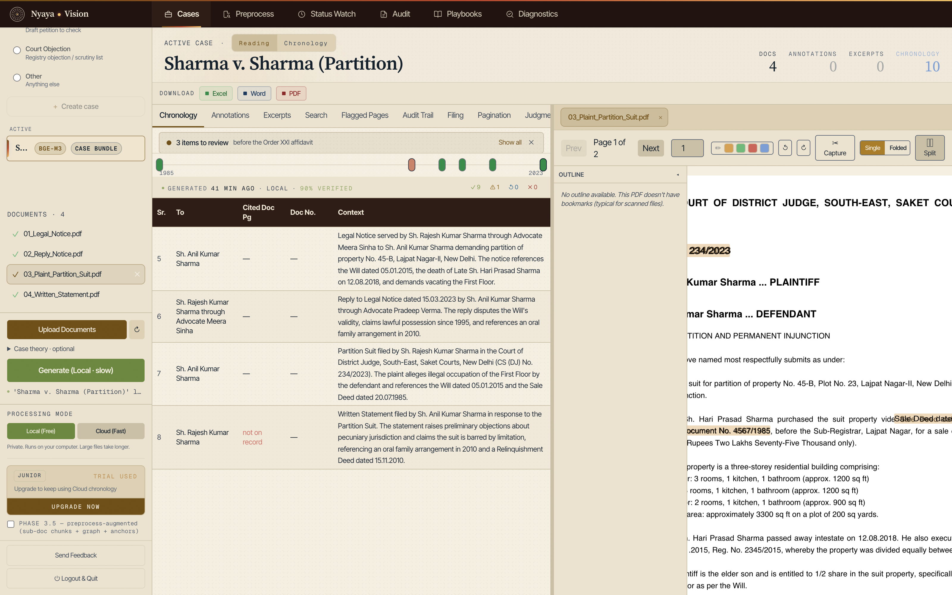 The case workspace: the generated chronology on the left, the plaint open in the viewer on the right with the supporting passages highlighted.